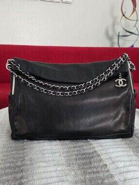 CHANEL Black Lambskin Leather Messenger Bag